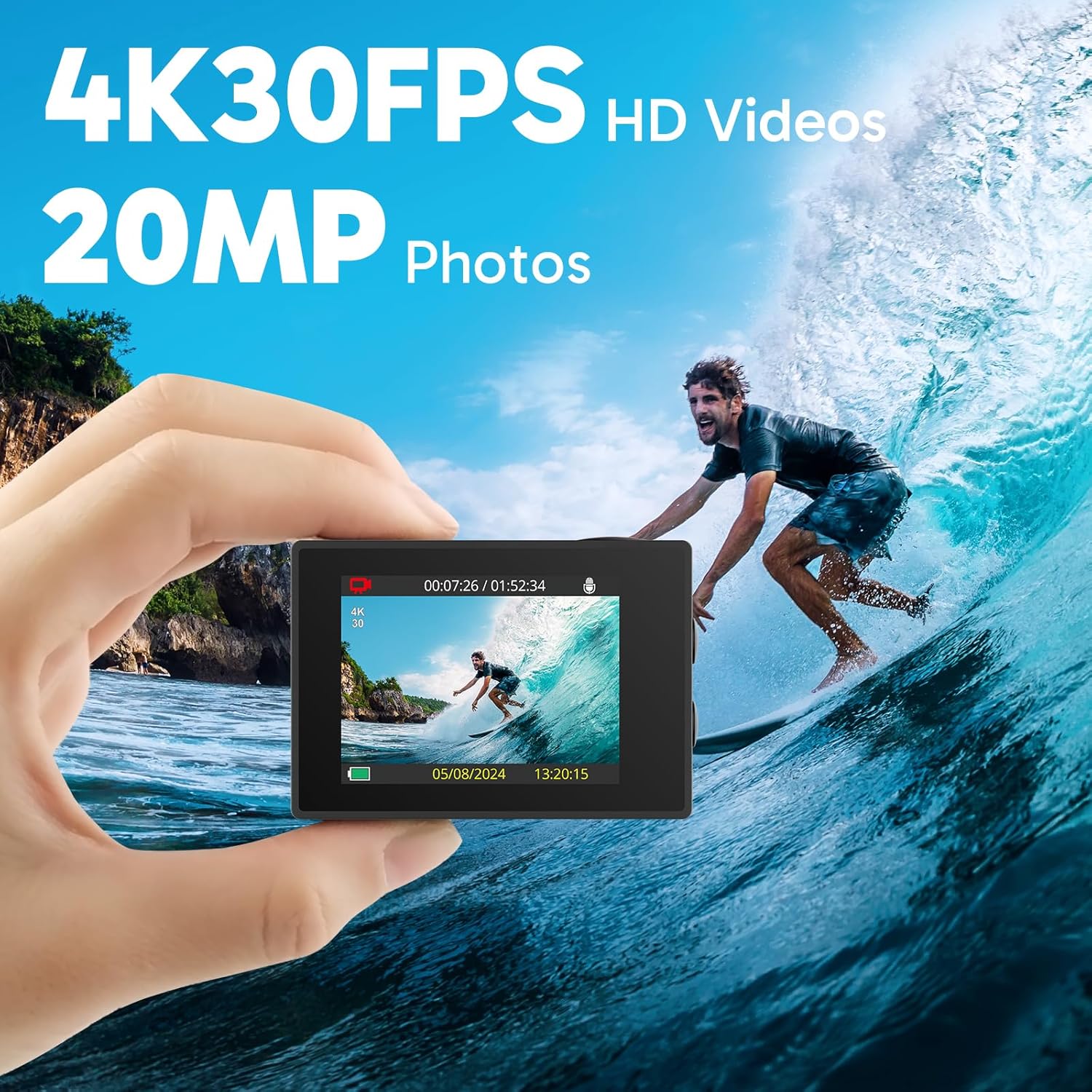 AKASO EK7000 4K30FPS 20MP WiFi Action Camera with EIS Ultra HD 131FT Waterproof Underwater Camera Remote Control 4X Zoom Support External Microphone Black - Image 2