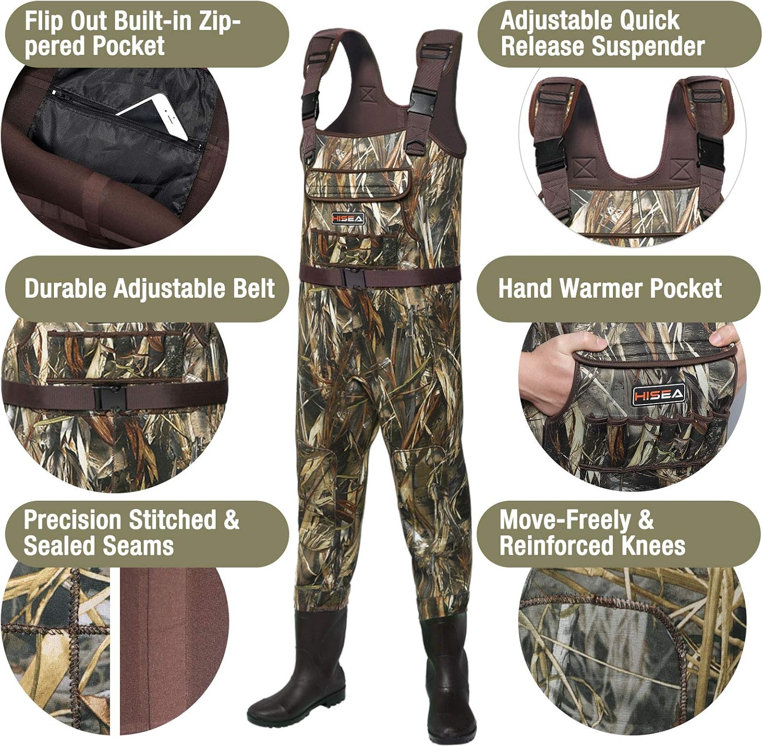 HISEA Neoprene Chest Waders for Men with 200G Boots Duck Hunting Waders with Boot Hanger - Image 2